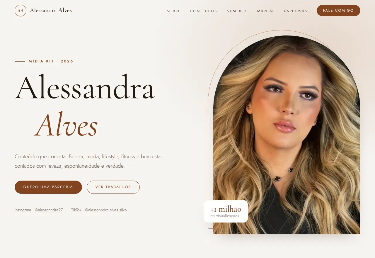 Página inicial do mídia kit de Alessandra Alves