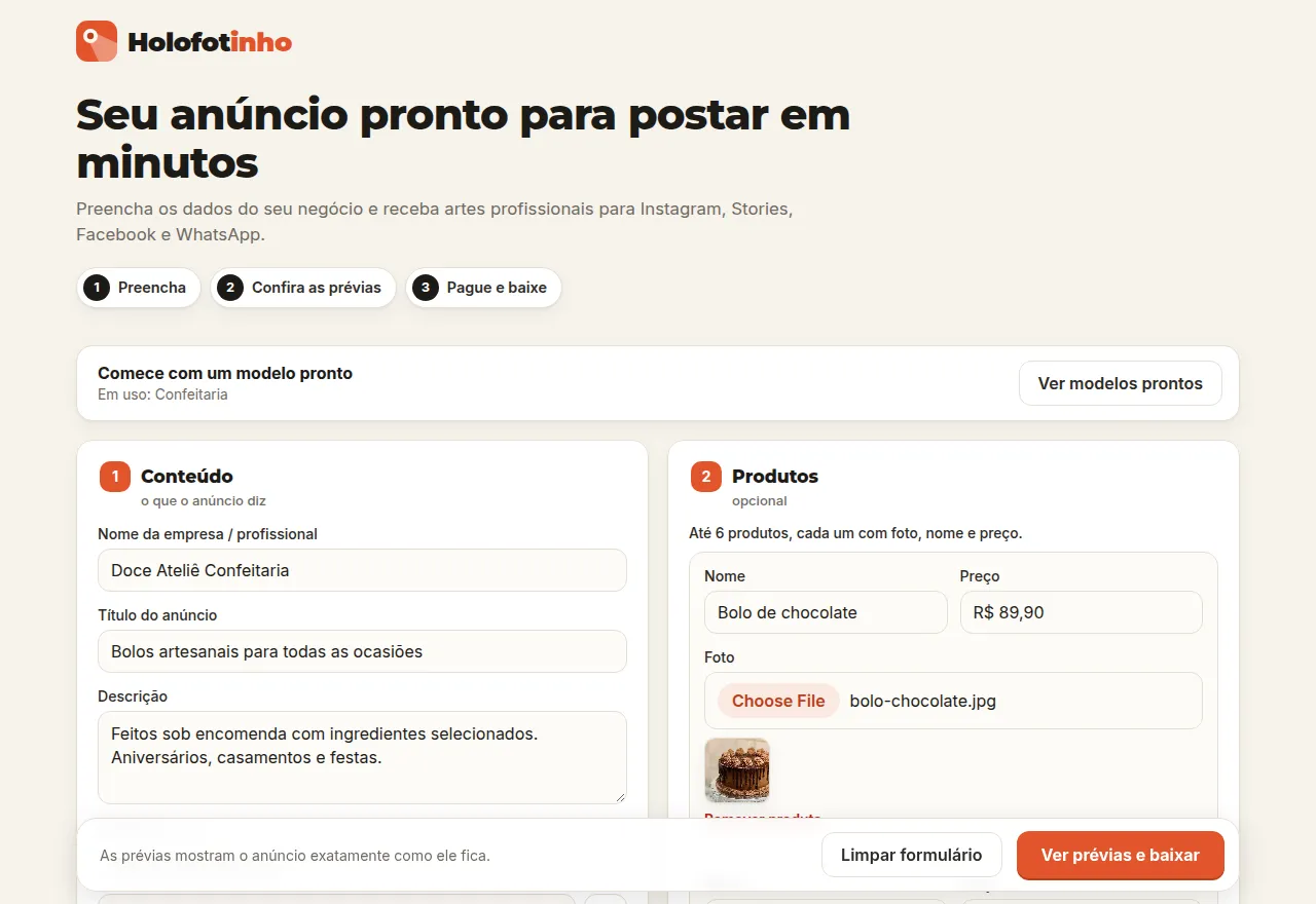 Tela inicial do Holofotinho com o formulário de criação de anúncio